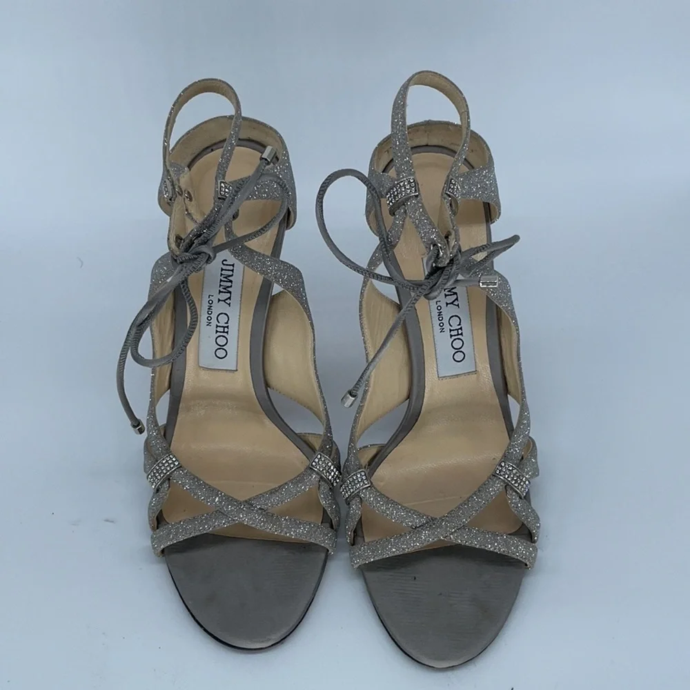Jimmy Choo Silver Glitter Strappy rhinestone ankle tie peep toe heels 37